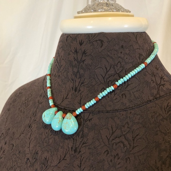 Artisan Handmade Genuine Turquoise & Carnelian Teardrop Beaded Necklace - Picture 3 of 7